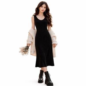 Sleeveless Midi Dress Velveteen Med Black Chevron Dot Fall Layering Whimsigoth